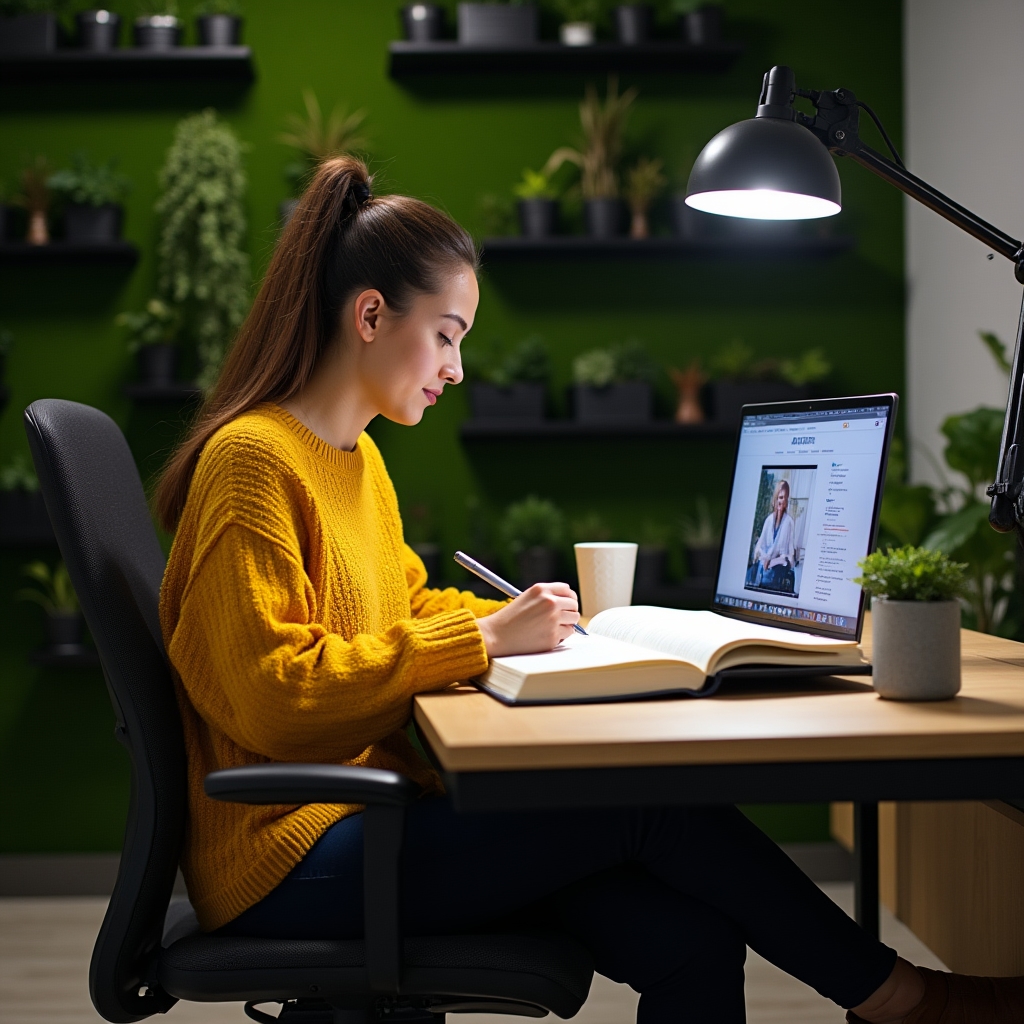 Junge Frau schreibt Notizen beim Online-Lernen mit Laptop